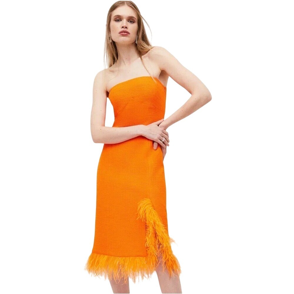 Karen Millen Boucle Feather Hem Pencil Dress Womens 8 Orange Glam Party Feminine